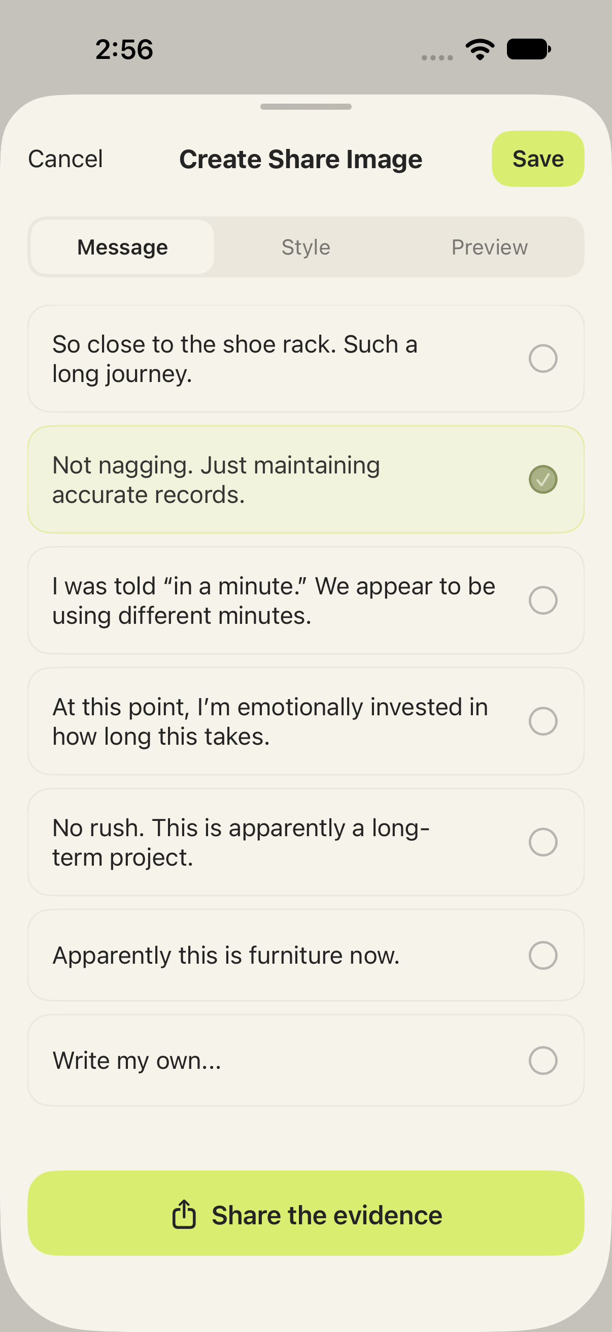 Message selection screen with a petty caption selected, plus Style and Preview tabs